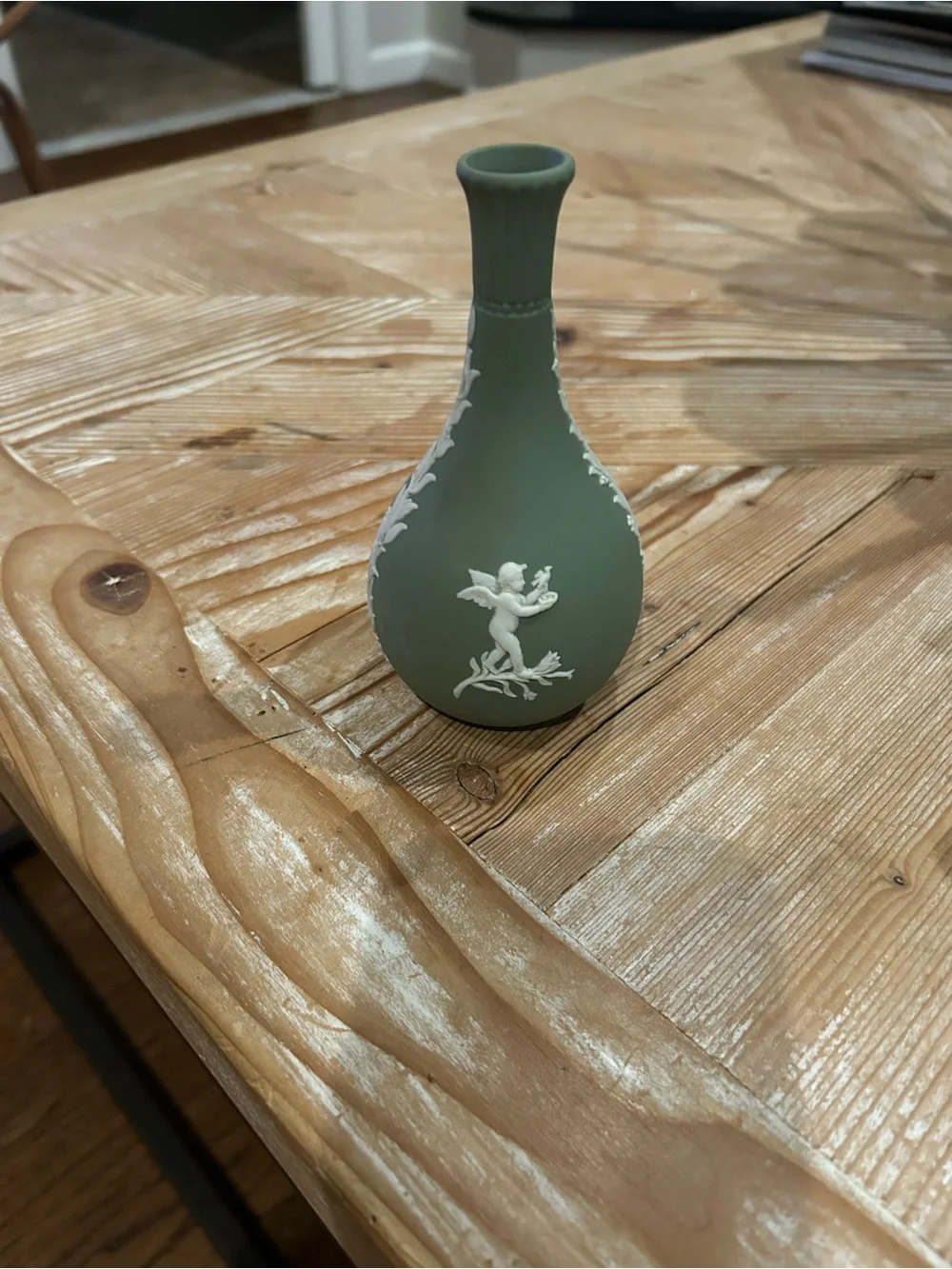 Wedgwood Green Jasperware Matte Sage Bud Vase with White Relief Leaves